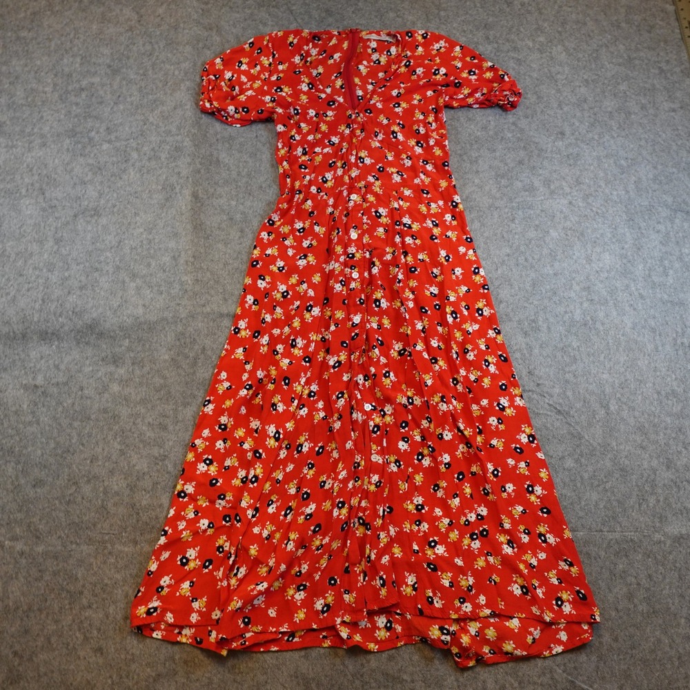 Faithfull The Brand Dress Women Small Red Ari Midi Floral Puff Sleeve Button - Picture 2 of 10